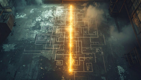 A powerful pulse of luminous orange energy surges through a complex digital grid, illuminating the intricate pathways of a futuristic circuit board.の素材