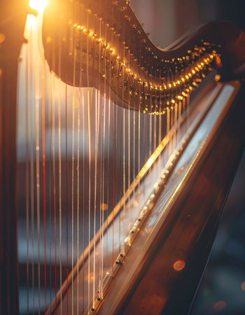 A close-up view of a classical harp's strings, illuminated by a warm, golden sun flare.の素材