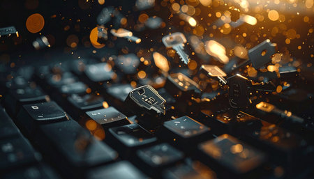 A close-up view of a computer keyboard shattering into a cascade of glowing particles and golden bokeh lights.の素材