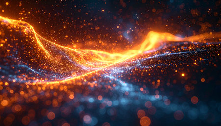 A vibrant stream of cosmic energy flows through the vastness of space, a river of glowing orange and blue particles representing the infinite flow of data and information.の素材