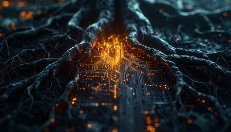 Deep beneath the surface, the ancient roots of nature intertwine with the glowing circuits of a futuristic network.の素材