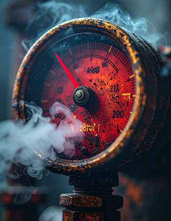 In the heart of a Victorian-era engine room, a rusty steampunk pressure gauge pushes past its limits.の素材