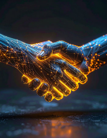 In a world driven by digital transformation, two entities, perhaps human and AI, form a powerful alliance.の素材