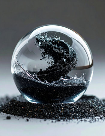 A powerful, dark wave of black particles is frozen in time, captured within the pristine confines of a clear glass sphere.の素材