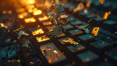 In a dynamic burst of golden light, a multitude of keys erupt from a digital keyboard, symbolizing the unlocking of complex data and secure information.の素材