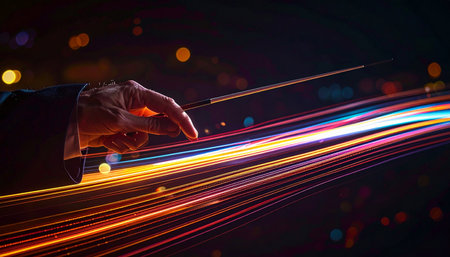 A maestro's hand elegantly guides a symphony of vibrant, flowing light trails with a conductor's baton.の素材