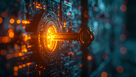 A luminous, ornate key slides into a complex digital lock, symbolizing the moment of breakthrough in cybersecurity.の素材