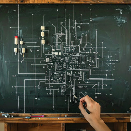 An engineer meticulously sketches a complex electronic circuit diagram onto a classic chalkboard.の素材