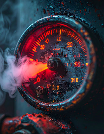 In the heart of the machine, a vintage pressure gauge glows with an ominous red light, its needle trembling at the maximum limit.の素材