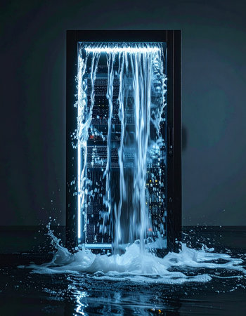 A torrent of water cascades over an illuminated server rack in a dark room, a powerful and surreal visual metaphor for a massive data leak, information overload, or a catastrophic system failure in t.の素材