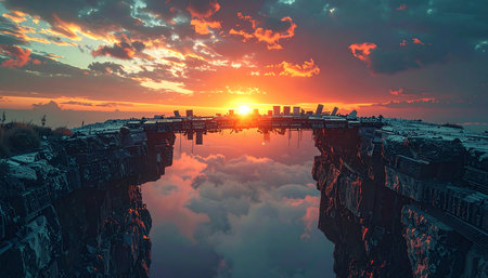 A breathtaking, fiery sunset casts a vibrant glow across the sky, its magnificent colors perfectly mirrored in the still, calm waters of a secluded canyon.の素材