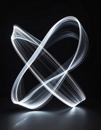 A luminous swirl of white light carves a graceful, infinite loop through the darkness.の素材