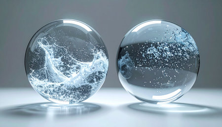 Two crystal orbs sit side-by-side, each containing a different state of water. One captures the dynamic, swirling energy of a liquid ocean, while the other holds the still, frozen beauty of ice.の素材