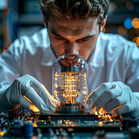 In a high-tech laboratory, a focused engineer in sterile gloves makes a final, precise adjustment to a glowing, complex prototype.の素材