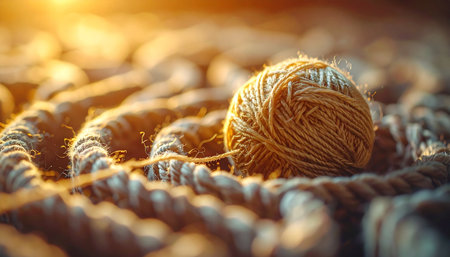 A single ball of yarn rests on a chunky, hand-knitted surface, bathed in the warm, golden glow of morning sunlight.の素材