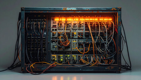 In the heart of the studio, a complex modular synthesizer glows with warm light, its intricate network of patch cables a testament to the creative process.の素材