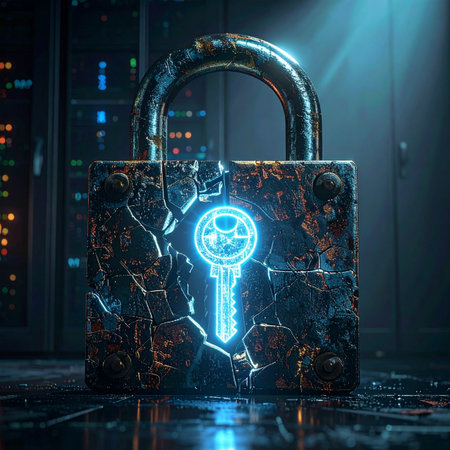 In the heart of a high-tech data center, an old, weathered security lock shows signs of a breach.の素材