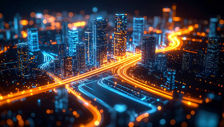 At night, a futuristic metropolis comes alive with vibrant energy.の素材