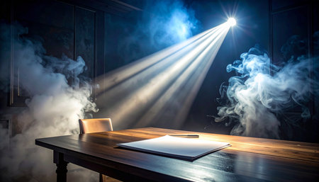 In the heavy silence of a dark, smoke-filled room, a single, intense spotlight cuts through the gloom, illuminating a blank document on a wooden table.の素材