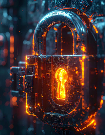 A futuristic padlock glows with internal orange light, symbolizing the cutting edge of digital security and data encryption.の素材