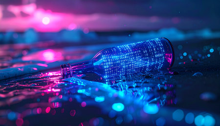 A bottle containing glowing digital data drifts on the tranquil waves of a neon-lit ocean under a vibrant synthwave sunset.の素材