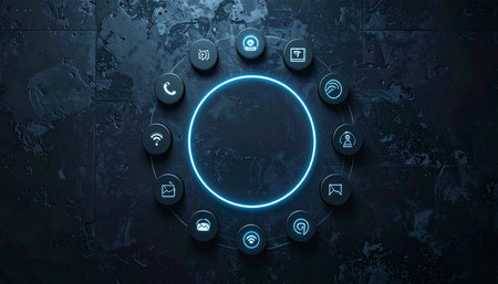 A central, glowing neon hub illuminates a collection of essential business and technology icons arranged in a circle on a dark, textured surface.の素材