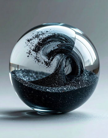 A powerful ocean wave, with its dark, churning water and white foamy crest, is captured and frozen in time within a perfectly clear glass sphere.の素材