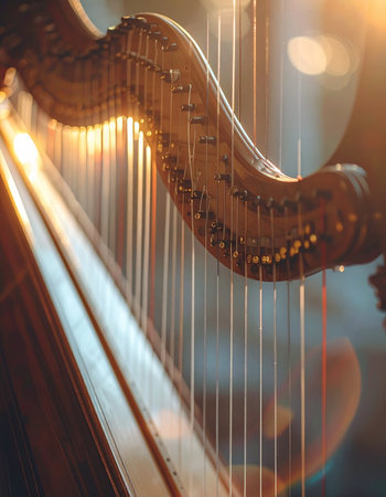 Warm, golden light bathes the elegant curves of a classical harp, illuminating the delicate strings.の素材
