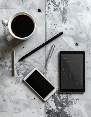 A top-down view of a modern, minimalist workspace.の素材