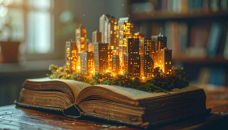 An old storybook lies open, its pages releasing a breathtaking miniature city that glows with warm light.の素材