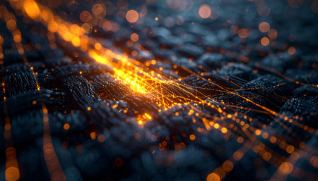 A mesmerizing macro view of a futuristic neural network, where streams of glowing orange data pulse through complex, interconnected pathways.の素材