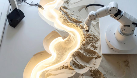 In a lab of tomorrow, a high-precision robotic arm meticulously sculpts a complex form, infused with a glowing energy that represents a breakthrough in creation.の素材