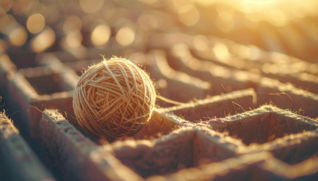 A ball of natural twine rests in a seed starting tray, bathed in the warm, golden light of early morning.の素材