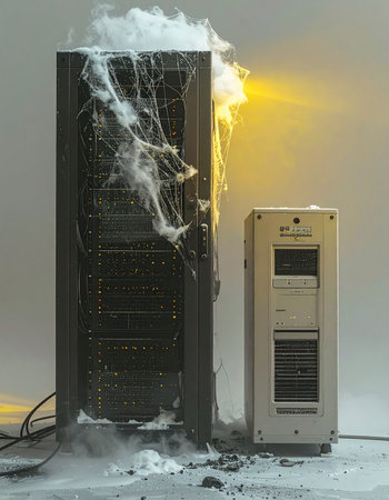 A catastrophic system failure results in a server rack meltdown. Smoke billows from the overheated hardware, symbolizing a major data breach, network outage, or critical IT disaster.の素材