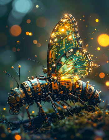 In a twilight forest where technology and nature intertwine, a bio-mechanical firefly awakens.の素材