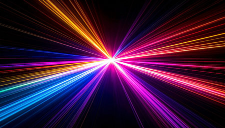 A brilliant explosion of colorful light streaks radiates from a central point, creating a dynamic sense of high-speed motion.の素材