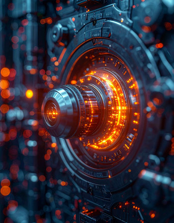 The heart of a futuristic machine pulses with a warm, orange glow, revealing intricate circuits and complex engineering.の素材