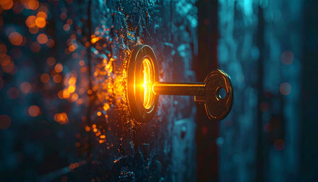 A luminous golden key slides into a complex lock, radiating a warm glow against a cool, digital backdrop.の素材