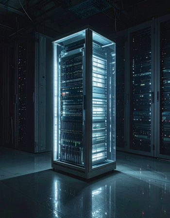 In the quiet hum of a secure data center, a single server rack glows with a cool blue light, processing vast amounts of information.の素材