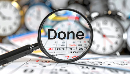 A magnifying glass focuses on the word 'Done' marked on a calendar, symbolizing the successful completion of a project or task.の素材