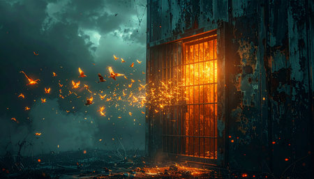 In a world shrouded in mist and shadow, a heavy gate creaks open, unleashing a torrent of radiant, golden butterflies.の素材