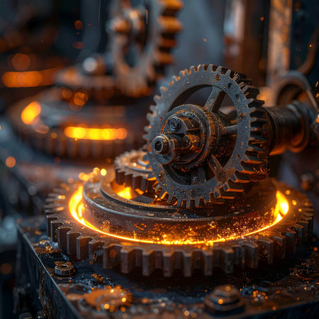 In the heart of a bustling factory, massive metal gears glow with intense heat, their interlocking cogs a testament to precision engineering and raw power.の素材