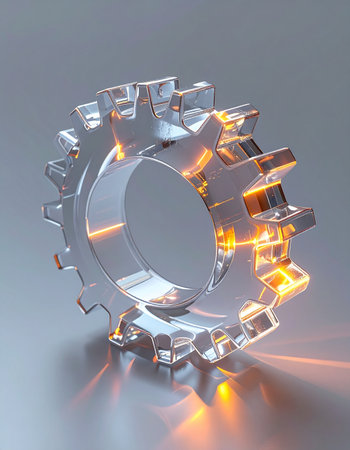 A single, perfectly crafted glass gear rests on a sleek metallic surface.の素材