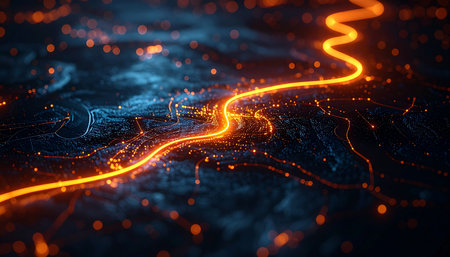 A vibrant stream of luminous data pulses across a complex digital landscape, representing the rapid flow of information through a futuristic network.の素材