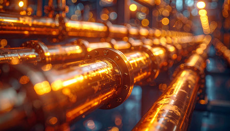 A close-up view of a gleaming copper pipeline stretches into a warmly lit, futuristic factory.の素材