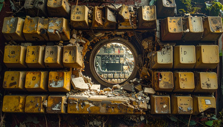 In the heart of a long-forgotten library, a single round mirror reflects the silent decay of knowledge and time.の素材