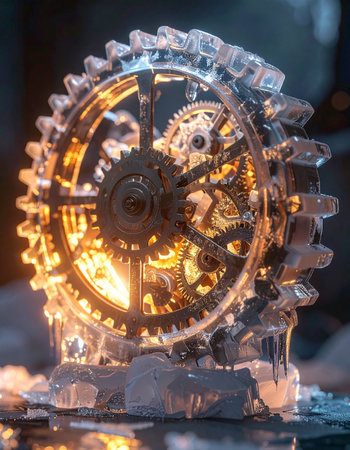A complex clockwork mechanism, glowing with an inner warmth, is revealed as its crystalline ice casing slowly melts away.の素材