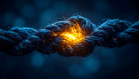 A thick rope, strained to its absolute limit, glows with intense energy at its breaking point.の素材