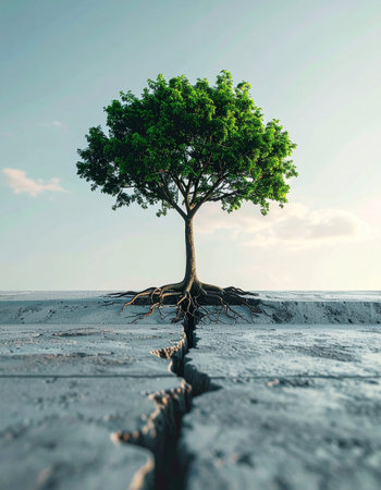 A single, powerful tree demonstrates incredible resilience as its roots break through a solid concrete surface, creating a deep crack.の素材