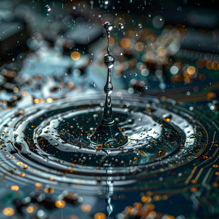 A single, pristine water droplet makes impact with a complex circuit board, sending out perfect concentric ripples.の素材